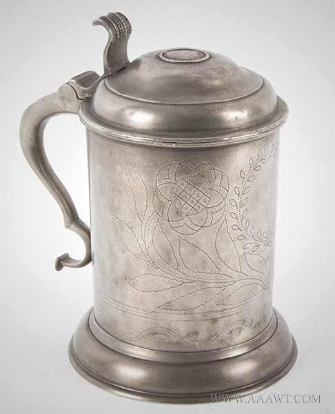 Pewter, Tankard, Wrigglework Decoration, Swiss, Coin Dated 1809 Set within Lid, entire view